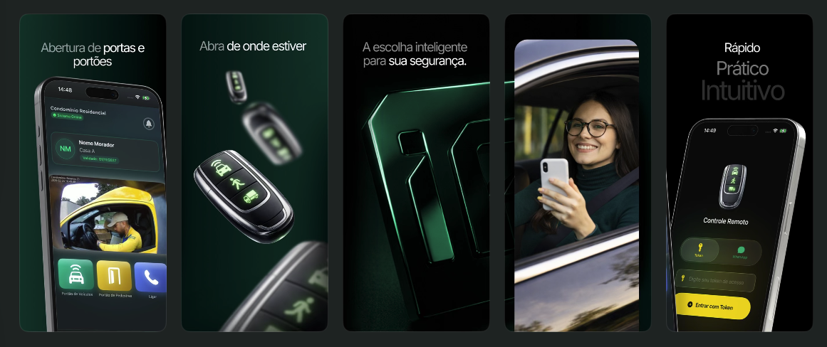 Telas do app Controle Remoto Guardia mostrando abertura de portas e portões