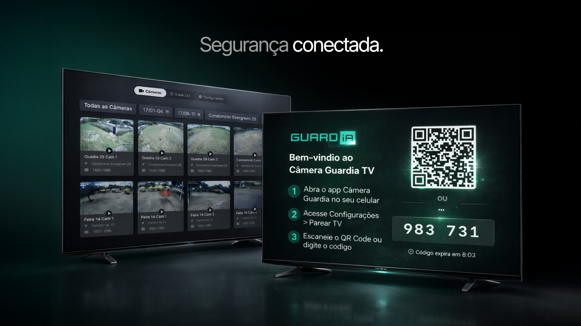Tela do GuardiaTV com pareamento por QR code e grade de câmeras, similar a apps de streaming
